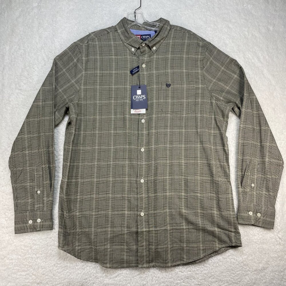 Chaps Shirt Mens Sz Large Green Plaid Classic Fit Wrinkle Resistant Stretch NWT